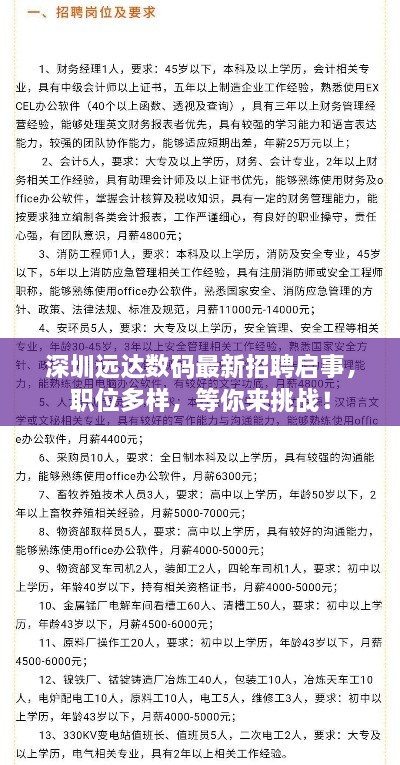 深圳遠達數(shù)碼最新招聘啟事，職位多樣，等你來挑戰(zhàn)！